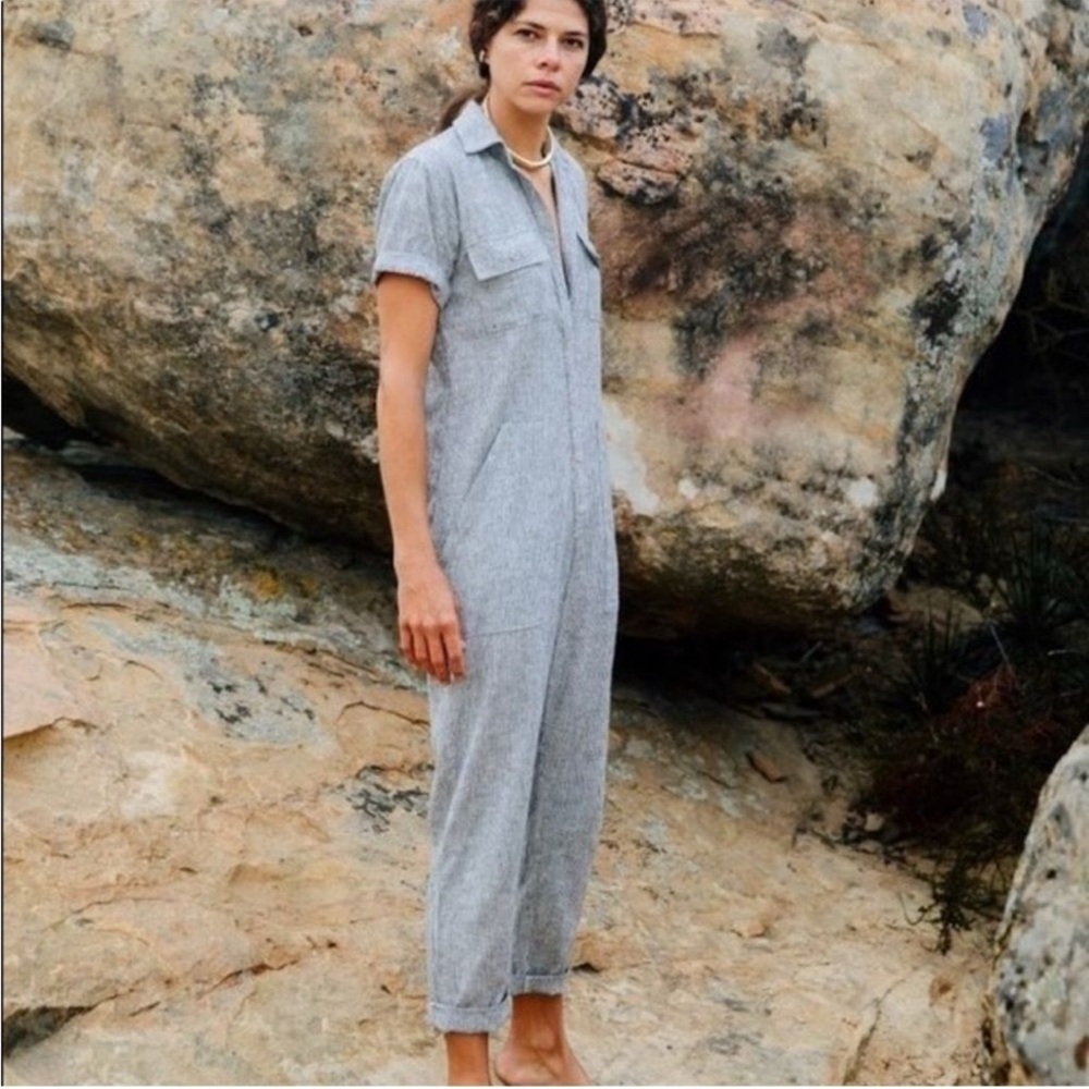 Women's pinstripe linen Short-Sleeve Jumpsuit